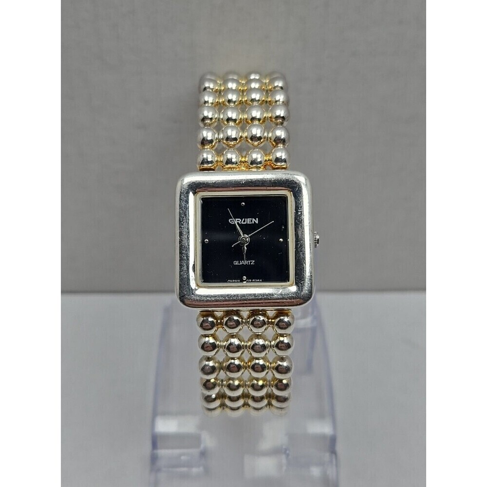Gruen Womens Square Black Dial Quartz Watch Silver Bead Bracelet New Battery